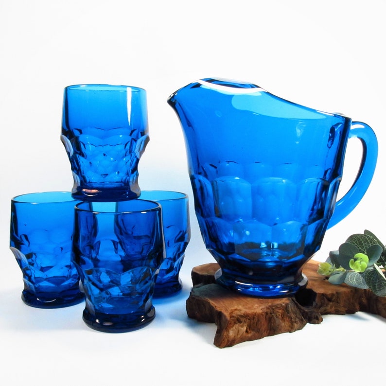 Vintage Viking Bluenique Pitcher and 4 Glass Set, Georgian Pattern, Peacock Blue or Teal Blue, Barware, Iced Tea Set image 3