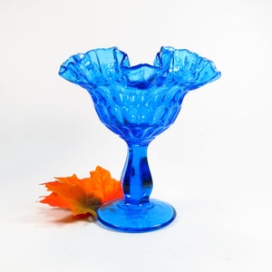 Vintage Blue Fenton Thumbprint Compote Candy Dish, Ruffled Pedestal Bowl image 2