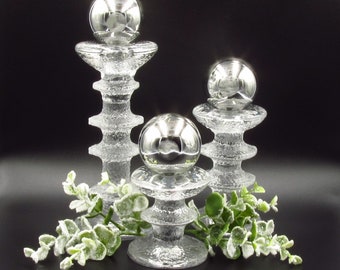 Vintage Littala Festivo Clear Glass Candleholder, Set of 3, Timo Sarpanera Signed