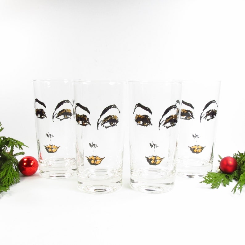 Rare Mid Century Barware Highball Glasses, Women's Face Design 22K Gold, Set of 4 image 2