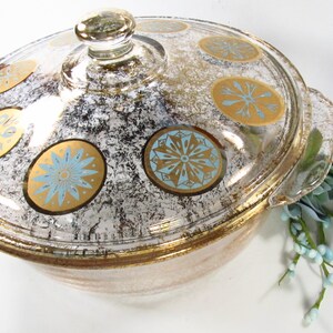 Vintage Georges Briard Casserole Dish, Fire King Medallion Pattern, Aqua and Gold 2 Quart Dish image 2