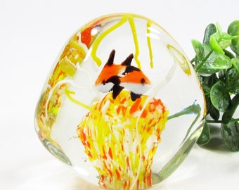 Vintage Glass Fish Paperweight, Yellow, Orange, and Brown