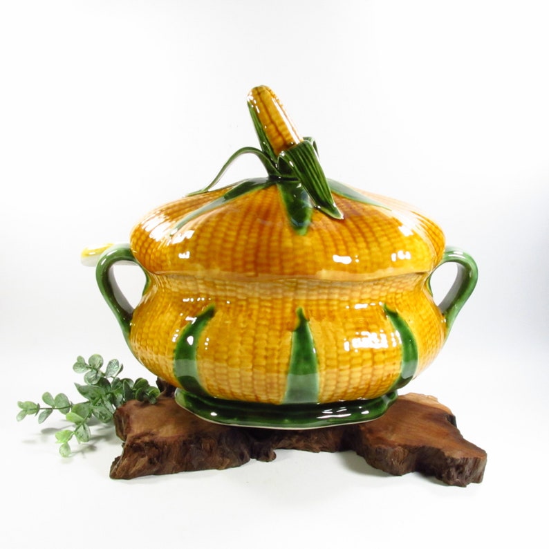 Vintage Corn Themed Soup Tureen, Majolica Soup Pot, Portugal 508, Farmhouse Decor image 1