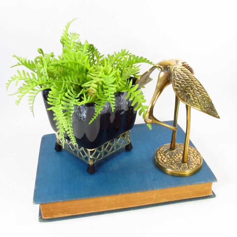 Vintage Small Black Planter with Metal Stand, Brass Crane Figurine image 1