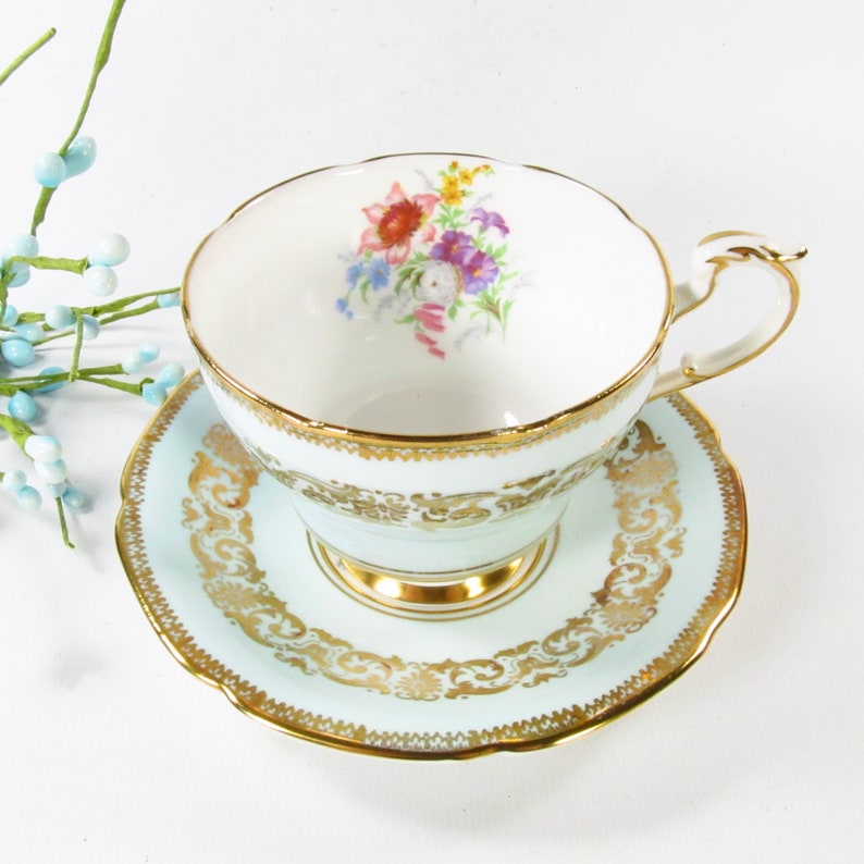 Vintage Paragon Teacup and Saucer, A183-1, Gold Scrolls Light Blue, Wild Flowers image 4