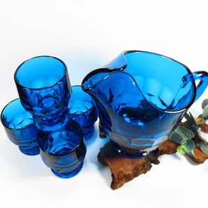 Vintage Viking Bluenique Pitcher and 4 Glass Set, Georgian Pattern, Peacock Blue or Teal Blue, Barware, Iced Tea Set image 5