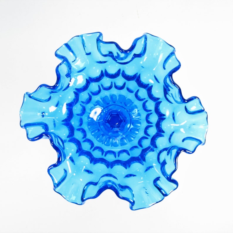Vintage Blue Fenton Thumbprint Compote Candy Dish, Ruffled Pedestal Bowl image 4