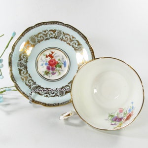Vintage Paragon Teacup and Saucer, A183-1, Gold Scrolls Light Blue, Wild Flowers image 2