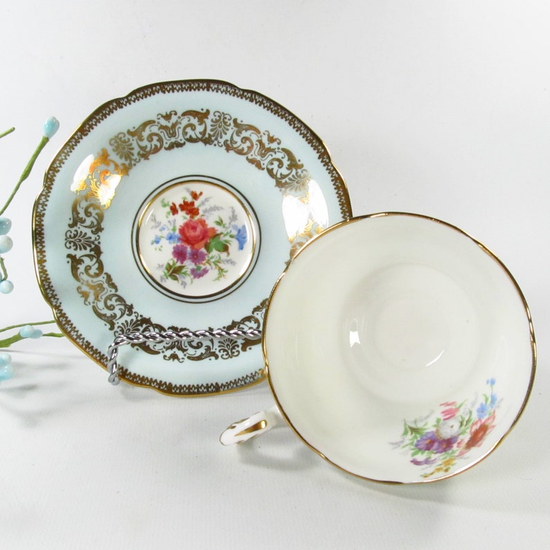 Vintage Paragon Teacup and Saucer, A183-1, Gold Scrolls Light Blue, Wild Flowers image 2
