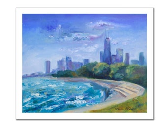 Chicago Lakeshore Walk Oil Painting, Skyline, Gift, Hancock, City Painting, souvenir, Chicago,  Premium Giclee  Fine Art PRINT