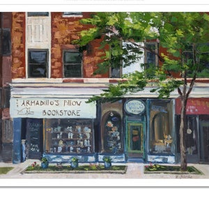May include: A painting of a bookstore with a green awning and the words "Armadillo's Pillow Bookstore" on the front. There is a tree in front of the store and a sign that says "Jennings Books & Gifts".
