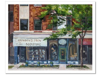 Armadillo’s Pillow Art | Bookstore  Art | Cityscape Print | Storefront Art | City  Artwork |  Travel Illustration | Chicago City Art