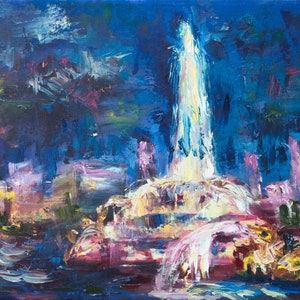 Buckingham fountain - Fine Art PRINT, Oil Painting, City night Painting, souvenir, Chicago, Premium Giclee