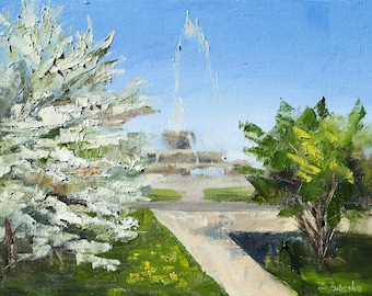 Blossoms in downtown - Fine Art PRINT, Buckingham fountain, Oil Painting, City Painting, souvenir, Chicago, Premium Giclee