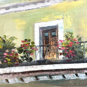 Decanter hotel balcony , Oil painting, Puerto Rico Artwork, Old San Juan souvenir