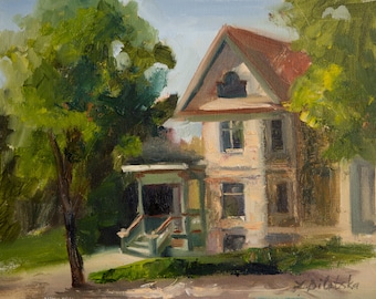 May include: A painting of a house with a porch and a tree in front of it. The house is painted in shades of white and brown, with a red roof. The tree is green and has a thick trunk. The painting is done in a loose, impressionistic style.