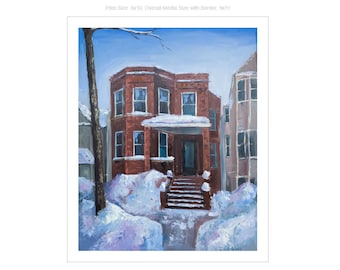 Winter house - Fine Art PRINT, Oil Painting, Chicago Edgewater, Gift, souvenir, Chicago, architecture,  Premium Giclee