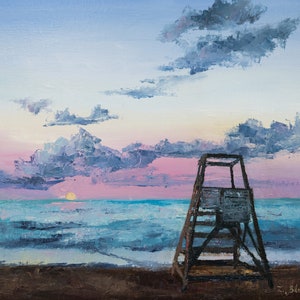 Sunrise at Rogers Park beach  - Art PRINT, Oil Painting, the lake, Gift,  City Painting, souvenir, Chicago gift Premium Giclee