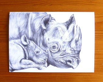 Rhino Mother and Baby Card – Wildlife Drawing