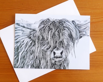 Highland Cow Card: Pen Drawing, Hairy Cow Art