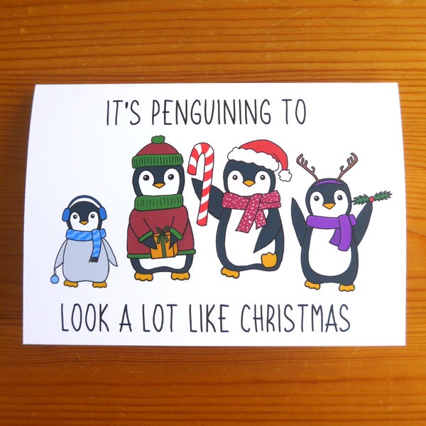 Penguin Pun Card ‘It’s Penguining to look a lot like Christmas’ – Xmas Card Bundle, Penguin lover gift, Christmas Punny Card, Cute Penguin