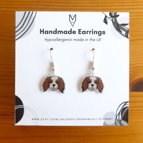 Boucles d'oreilles Cavalier King Charles Spaniel - Crochets hypoallergéniques en argent ou en plaqué or - Jolies boucles d'oreilles pour chien épagneul, boucle d'oreille pour chien