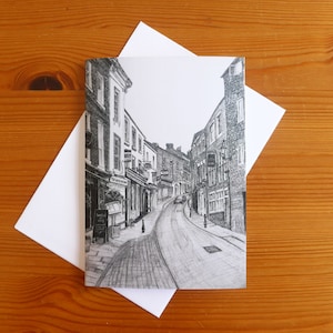Biglietto d'auguri per Durham Saddler Street – Biglietto A6 – Biglietto di laurea dell'Università di Durham nel Regno Unito, Biglietto di ringraziamento della contea di Durham, Disegno originale di Durham