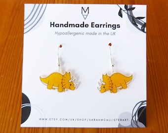 Yellow Triceratops Earrings: Hypoallergenic Dinosaur Jewelry