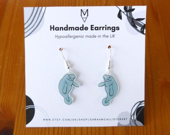 Manatee Drop Earrings - Cute Sea Cow Earrings – Hypoallergenic Silver or Gold Plated Hooks – Manatee Jewellery, Marine life Earrings