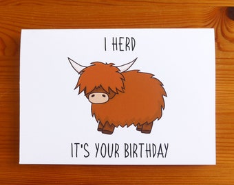 Highland Cow Birthday Card: Scottish Cattle Pun, Personalised A6 Card