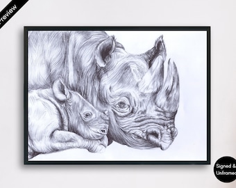 Rhino and Baby Biro Pen Art Print – Signed Wildlife Drawing