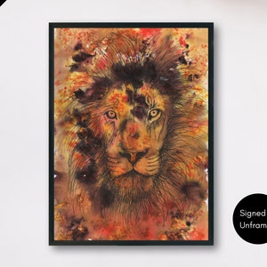 Colourful Lion Portrait Print - Lion Head Poster, African Lion Brusho Ink Art, Living Room Décor, Original Lion Painting, Watercolour Lion