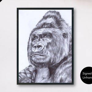 Gorilla Drawing Signed Print – Pen Animal Portrait, Mountain Gorilla Wall Art, Black and White Gorilla Art Print, Gorilla Illustration