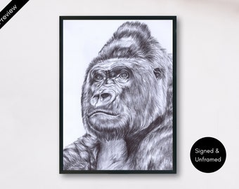 Gorilla Drawing Signed Print – Pen Animal Portrait, Mountain Gorilla Wall Art, Black and White Gorilla Art Print, Gorilla Illustration