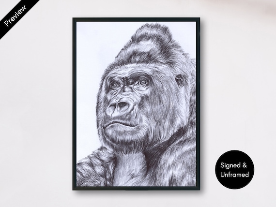 サイン入りゴリラの絵画プリント：ボールペンによる動物の肖像画