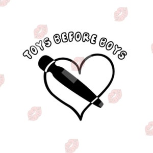 May include: Black and white graphic design with a heart shape and a stylized microphone inside. The text "TOYS BEFORE BOYS" is written in a curved line above the heart.