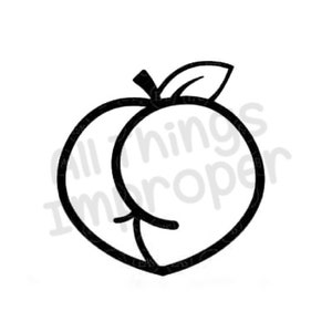 May include: A black and white line drawing of a peach with a leaf.