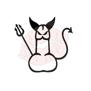 May include: Black and white illustration of a devil figure with horns, a trident, and a tail. The design is a stylized representation of a phallus, with the devil's face incorporated into the head of the phallus.