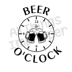 Puede incluir: Ilustración en blanco y negro de un reloj con dos jarras de cerveza brindando. La esfera del reloj dice "Beer O'Clock".