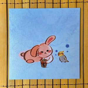 Hase und Nymphensittich auf einer Sonntag Nachmittags Postkarte. 6x6 leere Postkarte für Papageienliebhaber. Vogel-Anmerkungskarte mit originaler Kunst.