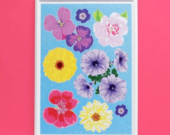 A4 Kitsch Floral Print: Colourful Flower Illustration