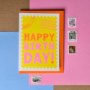 Carte d'anniversaire lumineuse - carte d'anniversaire impression Riso - conception d'anniversaire de timbre - carte jaune, orange et rose - esthétique de timbre-poste