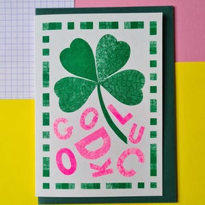 Good Luck Karte - Riso Print Abschiedskarte - Vierblättriges Kleeblatt - Grußkarte - Grüne und Pinke Karte - Neuer Job Karte