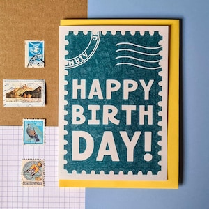 Teal Geburtstagskarte - Riso Print Geburtstagskarte - Stempel Geburtstagsdesign - Happy Birthday Karte - Briefmarke Grußkarte