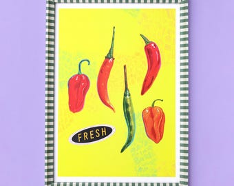 A4 Illustrated Chili Pepper Print: Spicy Kitchen Art, Colourful Home Decor