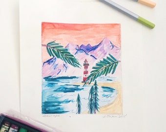 Lighthouse mixed media drawing