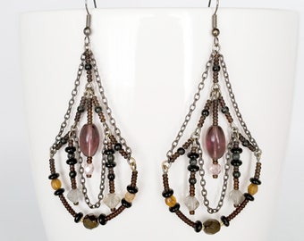 Long Chandelier Drop Statement Earrings | Vintage Boho Style | Classic + Intricate Design Jewellery | Beaded Earrings