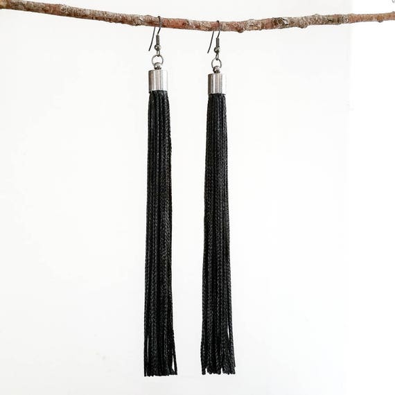 Tassel Earrings Black Earrings Long Drop Earrings Black Tassel Earrings
