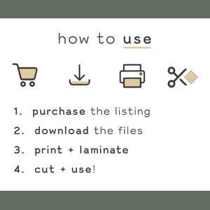 May include: A white card with black text and icons explaining how to use a digital product. The text reads "how to use" and includes the steps: 1. purchase the listing, 2. download the files, 3. print + laminate, 4. cut + use! The icons depict a shopping cart, a download arrow, a printer, and scissors.