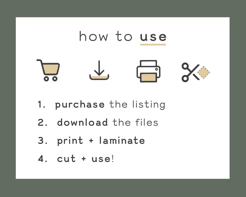 May include: A white card with black text and icons explaining how to use a digital product. The text reads "how to use" and includes the steps: 1. purchase the listing, 2. download the files, 3. print + laminate, 4. cut + use! The icons depict a shopping cart, a download arrow, a printer, and scissors.